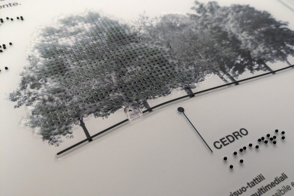 Dettaglio tattile degli alberi raffigurati in una mappa visuo tattile di Villa Ghirlanda Silva